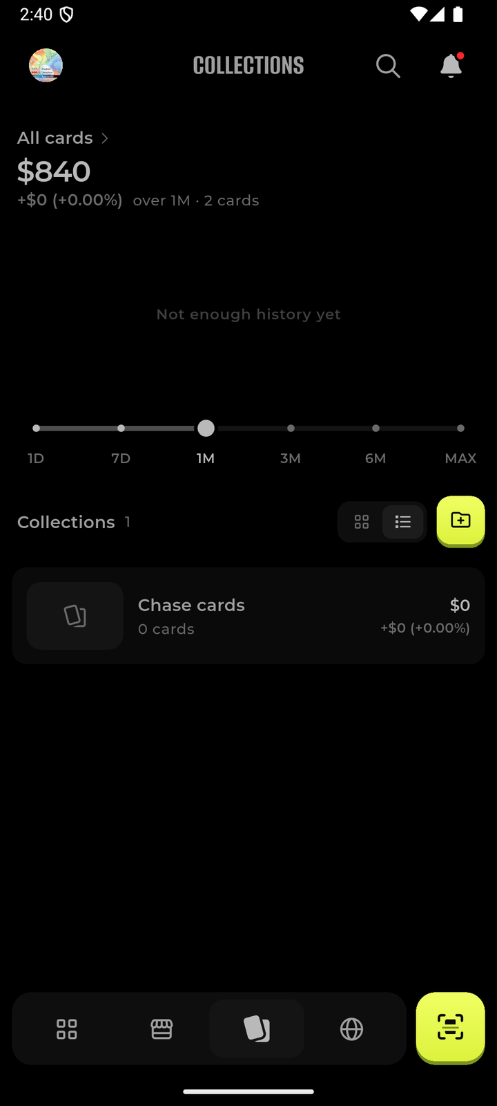 Collections screen showing an all-cards total of $840 and a Chase cards collection.