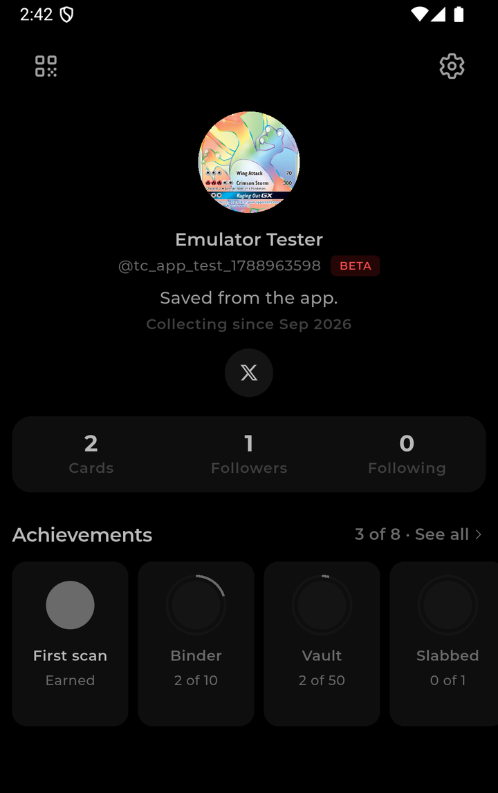 Profile screen showing collector stats and achievement progress.
