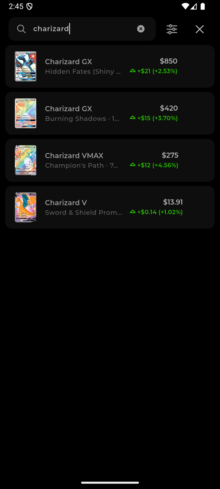 Search results for Charizard, listing four printings with their values and 30-day changes.